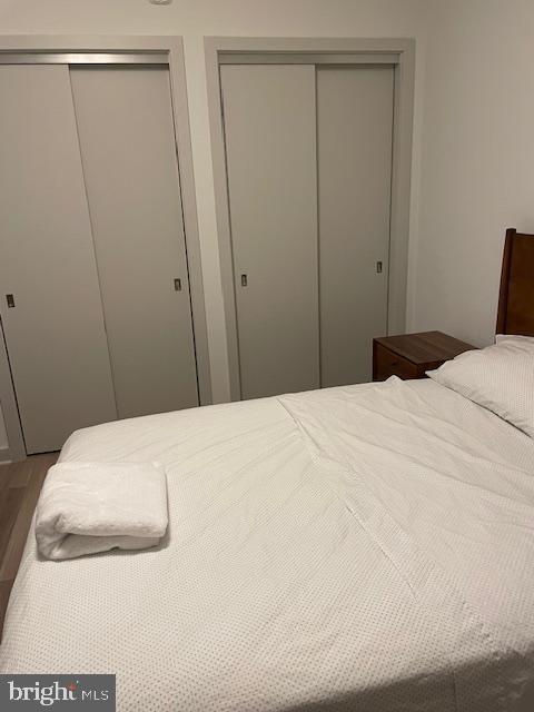 bedroom featuring two closets and wood-type flooring