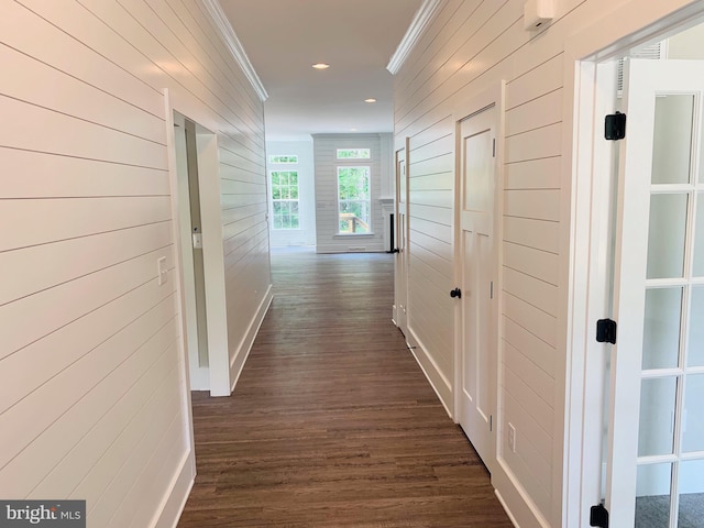 hall featuring dark hardwood / wood-style flooring, crown molding, and wood walls