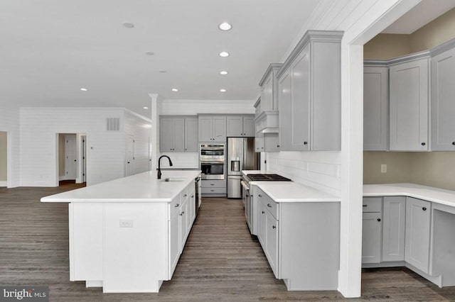 kitchen featuring sink, an island with sink, gray cabinetry, and stainless steel appliances