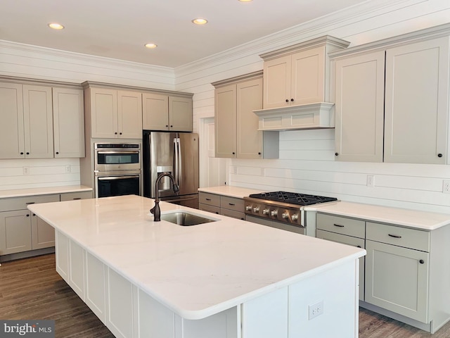 kitchen featuring sink, backsplash, stainless steel appliances, and a kitchen island with sink