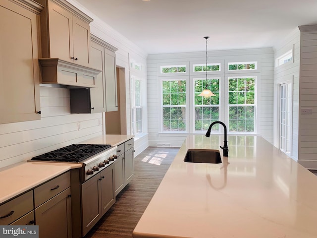 kitchen featuring dark hardwood / wood-style floors, sink, hanging light fixtures, stainless steel gas cooktop, and gray cabinetry