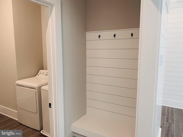 mudroom featuring separate washer and dryer and dark hardwood / wood-style flooring