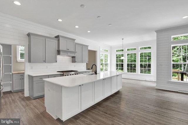 kitchen featuring dark hardwood / wood-style floors, sink, gray cabinetry, and a center island with sink