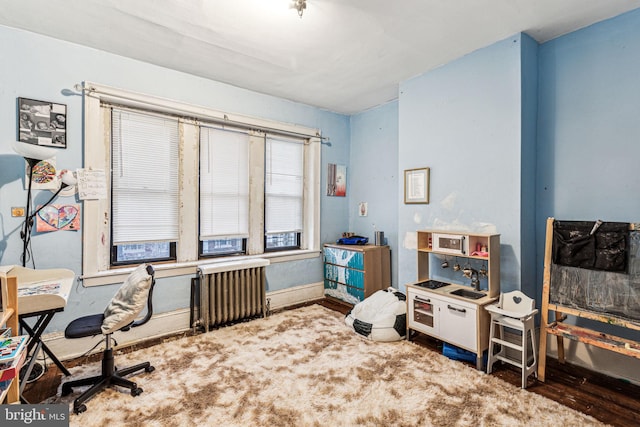 home office featuring radiator and carpet floors