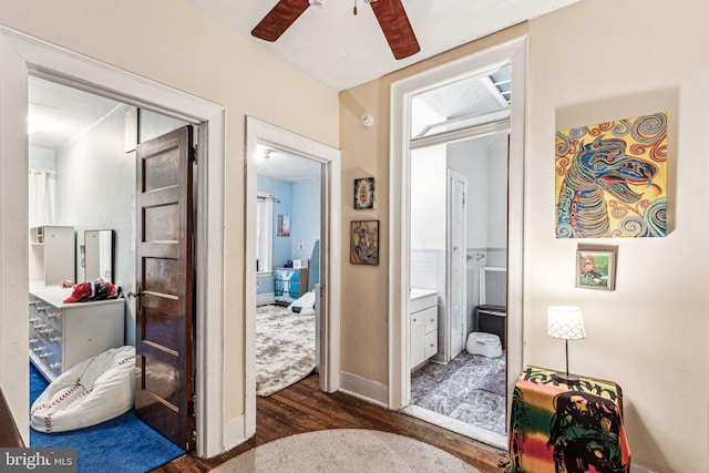 hallway with dark hardwood / wood-style flooring