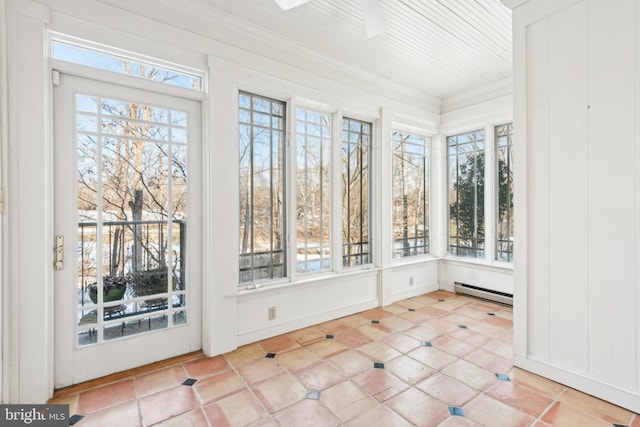 unfurnished sunroom with ceiling fan and a baseboard radiator