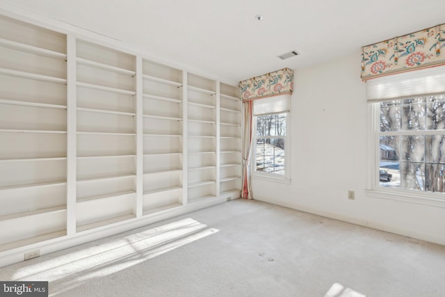 carpeted empty room featuring built in shelves