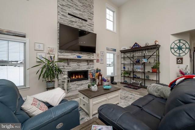 living room featuring plenty of natural light, a stone fireplace, and hardwood / wood-style flooring