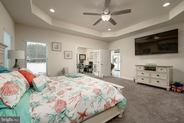 bedroom with a raised ceiling, ceiling fan, and carpet