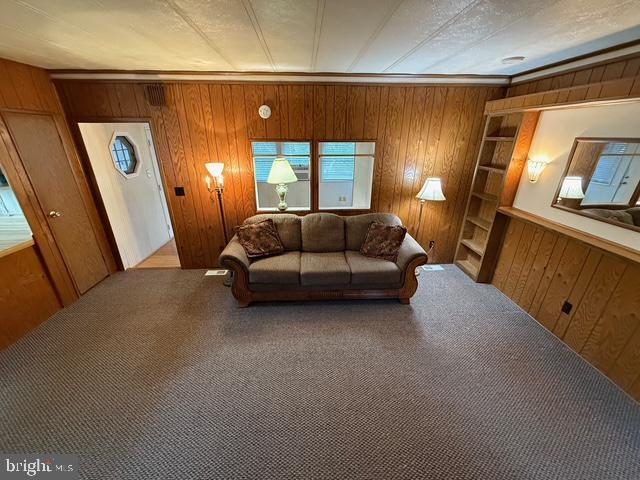 carpeted living room with built in shelves and wood walls