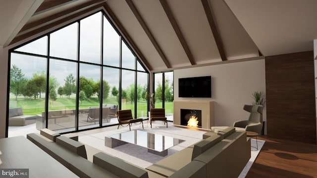 living room with high vaulted ceiling, dark wood-type flooring, a wall of windows, and beam ceiling