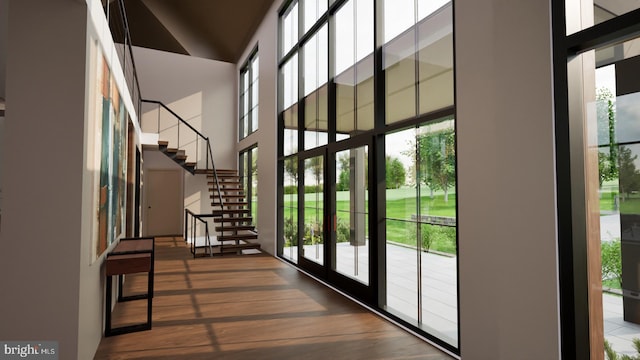 doorway with a healthy amount of sunlight, a towering ceiling, and dark wood-type flooring