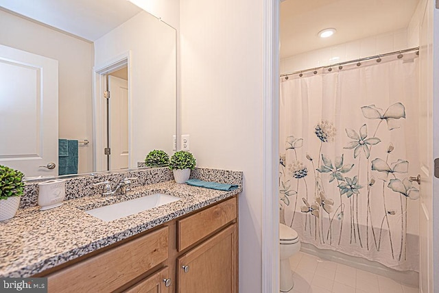 full bathroom with tile patterned flooring, vanity, shower / bath combination with curtain, and toilet