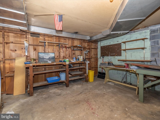 basement with a workshop area