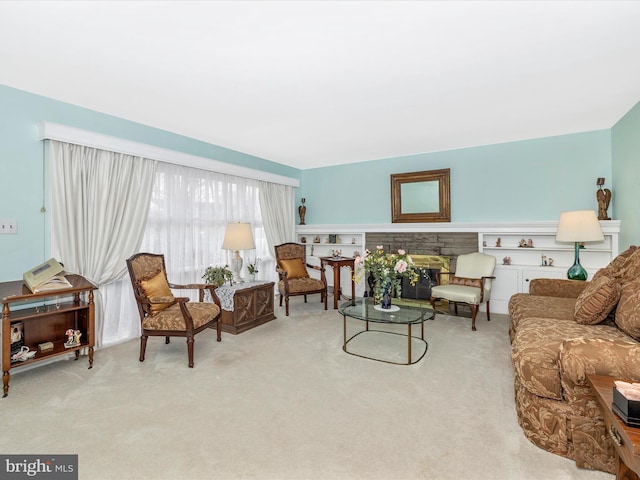 living room featuring light carpet