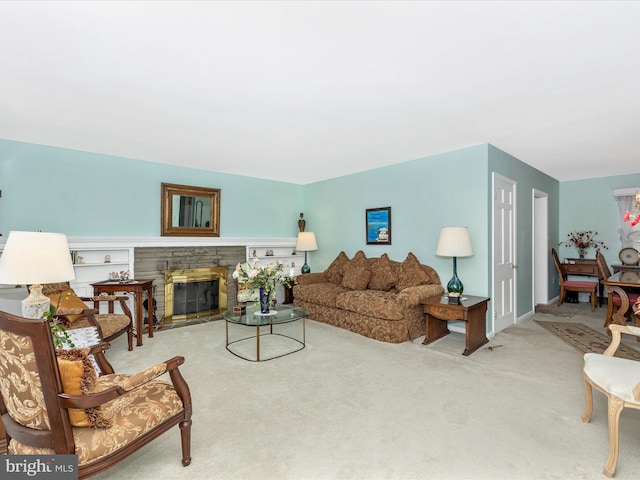 living room with a stone fireplace and light colored carpet