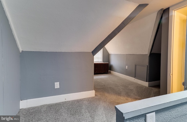 bonus room with baseboards, a textured ceiling, lofted ceiling, and carpet flooring