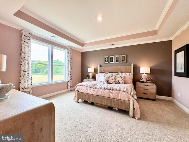 carpeted bedroom featuring crown molding and a raised ceiling