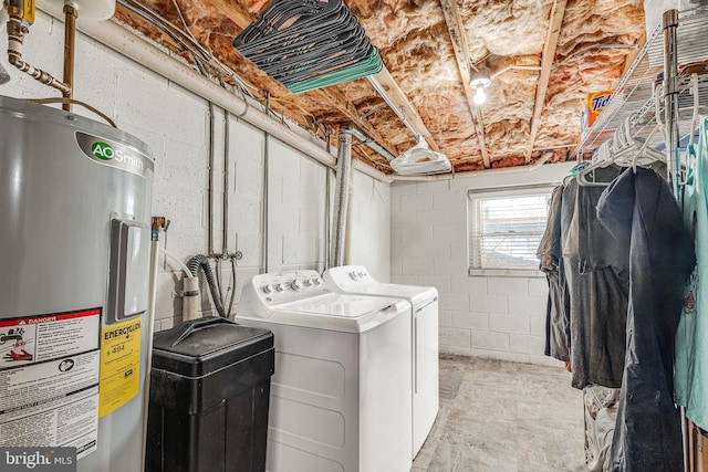 clothes washing area featuring electric water heater and washing machine and clothes dryer