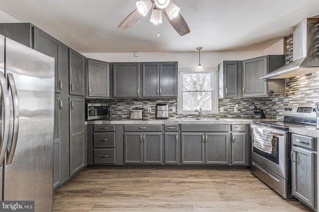 kitchen featuring decorative light fixtures, gray cabinets, decorative backsplash, stainless steel appliances, and wall chimney exhaust hood