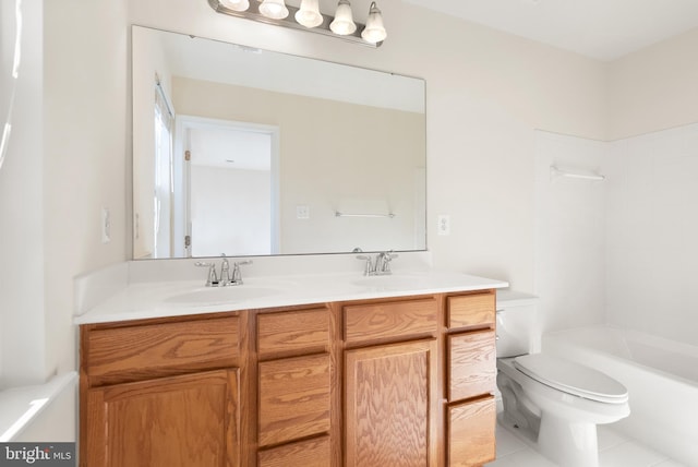 full bath with double vanity, toilet, tile patterned floors,  shower combination, and a sink