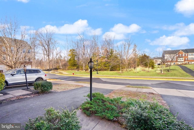 view of road featuring curbs, sidewalks, and street lights