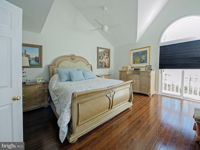 bedroom with ceiling fan, high vaulted ceiling, and dark hardwood / wood-style flooring