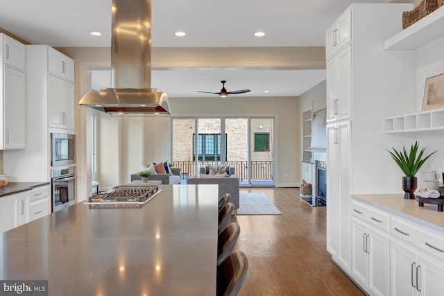 kitchen with stainless steel appliances, a fireplace, wood finished floors, white cabinetry, and island exhaust hood