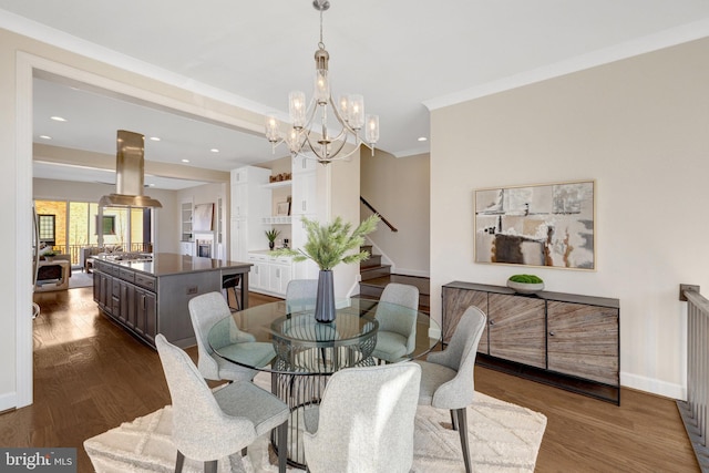 dining area with stairs, dark wood-type flooring, ornamental molding, and baseboards