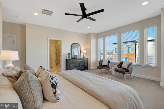 bedroom featuring recessed lighting, visible vents, and baseboards