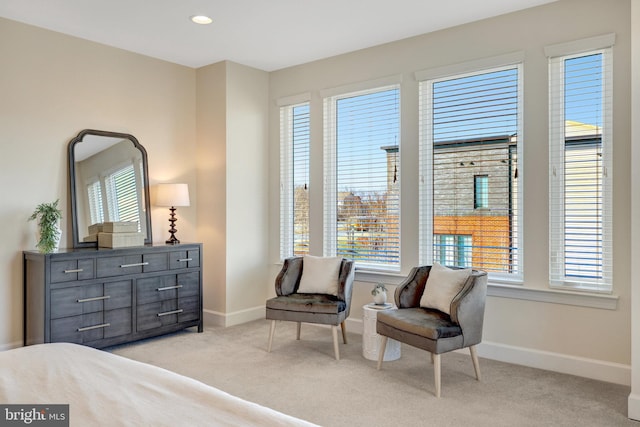 bedroom featuring light carpet, multiple windows, and baseboards