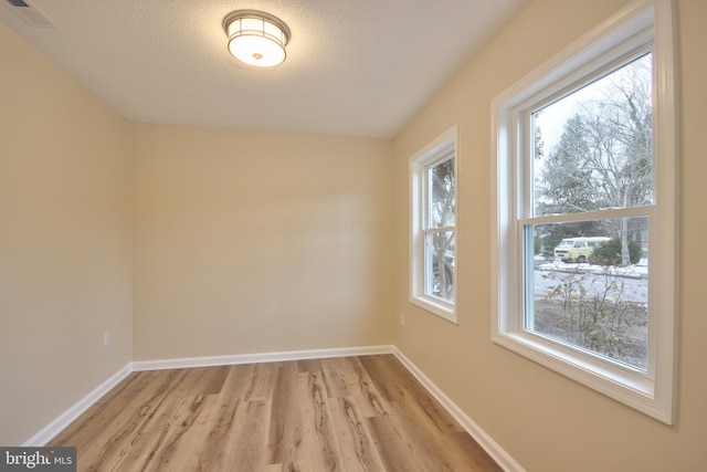 unfurnished room with plenty of natural light, a textured ceiling, and light wood-type flooring