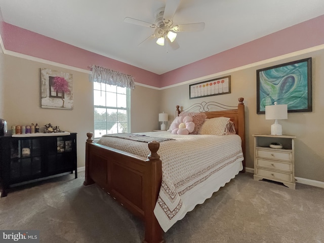 bedroom with ceiling fan and carpet flooring