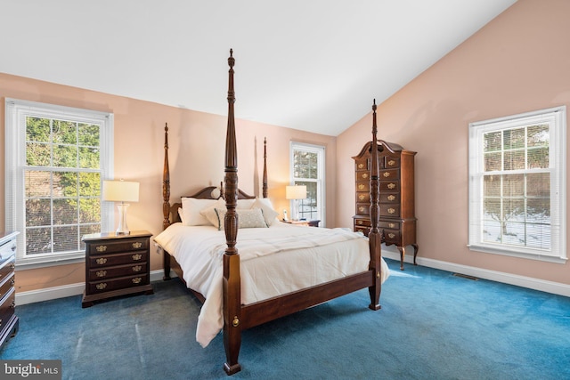 bedroom featuring dark carpet and vaulted ceiling