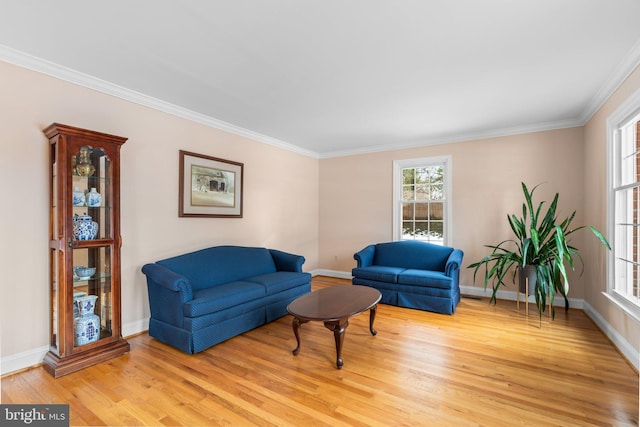 living room featuring ornamental molding and light hardwood / wood-style floors