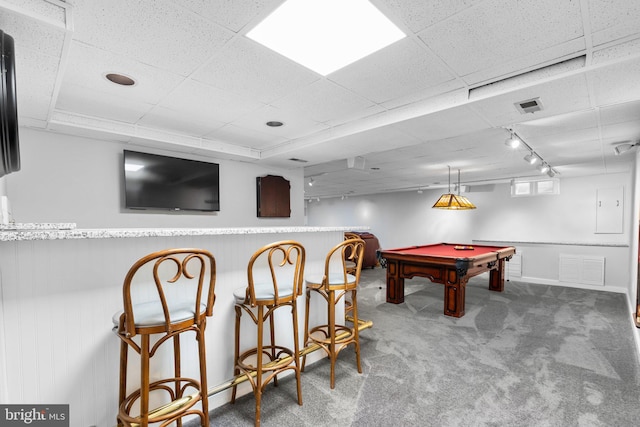 playroom with a drop ceiling, pool table, and carpet