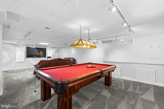 playroom featuring pool table, rail lighting, and carpet flooring