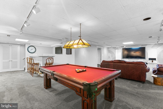 game room featuring bar, track lighting, dark carpet, and billiards