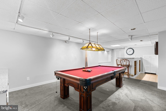 rec room with rail lighting, carpet, and pool table