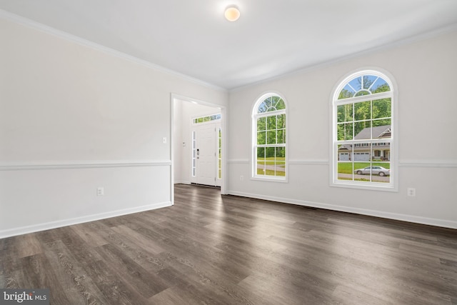 empty room with crown molding and dark hardwood / wood-style flooring