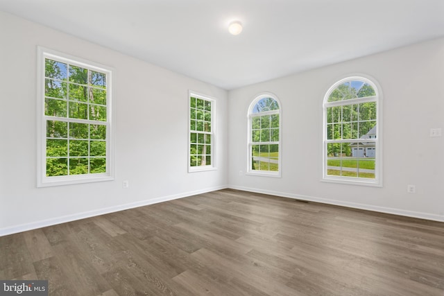 empty room with a wealth of natural light and dark hardwood / wood-style flooring