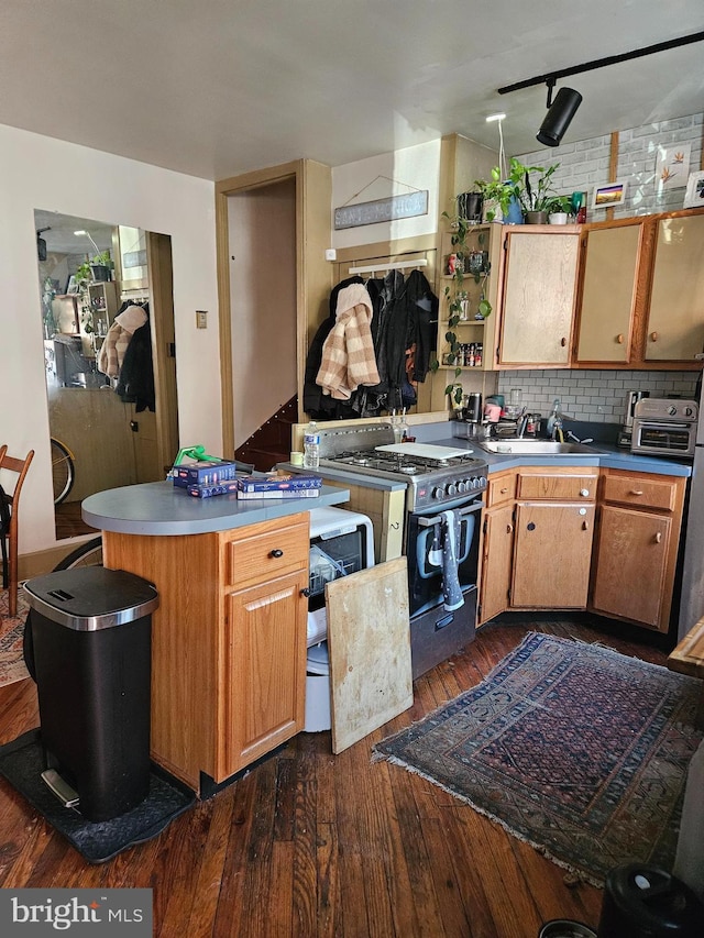 kitchen featuring stainless steel range with gas cooktop, sink, decorative backsplash, kitchen peninsula, and dark wood-type flooring