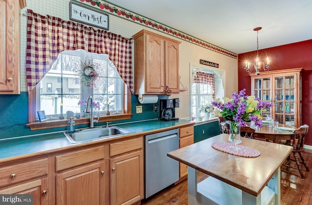 kitchen featuring stainless steel dishwasher, decorative light fixtures, dark hardwood / wood-style floors, and sink