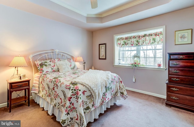 carpeted bedroom featuring ceiling fan, a tray ceiling, and ornamental molding