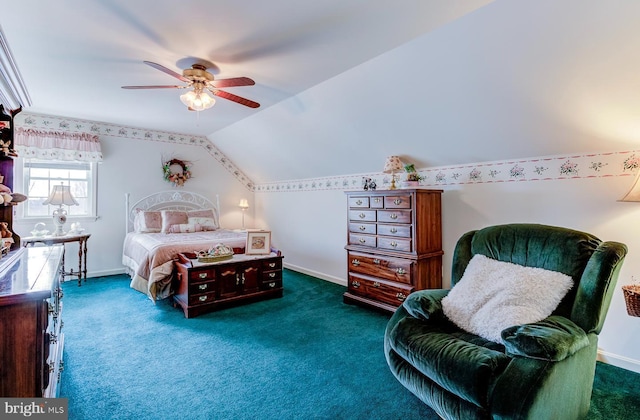 carpeted bedroom featuring ceiling fan and lofted ceiling