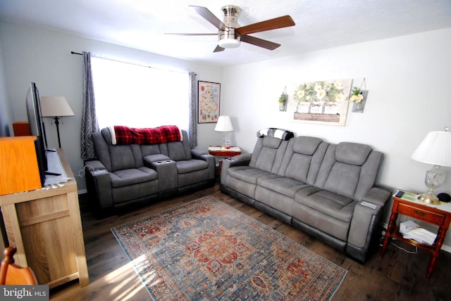 living room featuring ceiling fan and dark hardwood / wood-style flooring