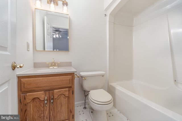 full bathroom featuring shower / tub combination, tile patterned flooring, vanity, toilet, and ceiling fan