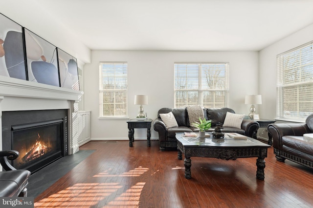 living room with dark hardwood / wood-style floors