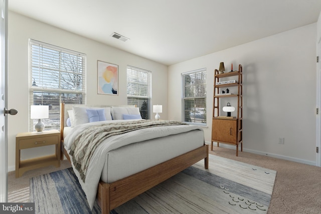 carpeted bedroom with multiple windows