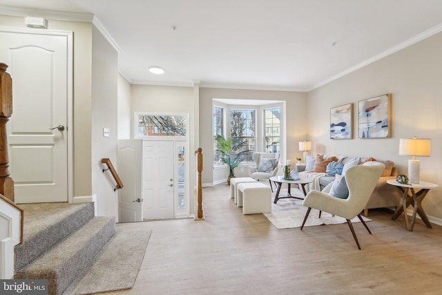 living room featuring ornamental molding and light hardwood / wood-style flooring